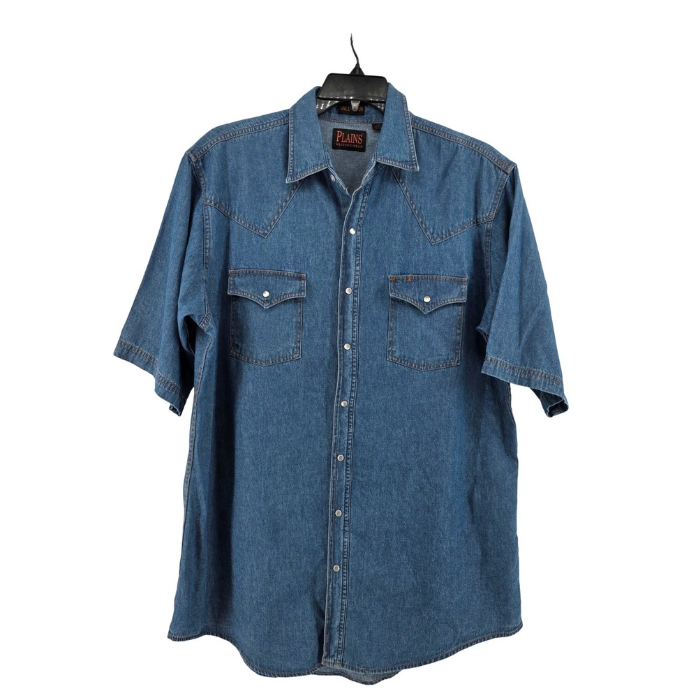 Plains Western Wear Mens Large Tall Blue Denim Pearl Snap Short Sleeve Shirt LT